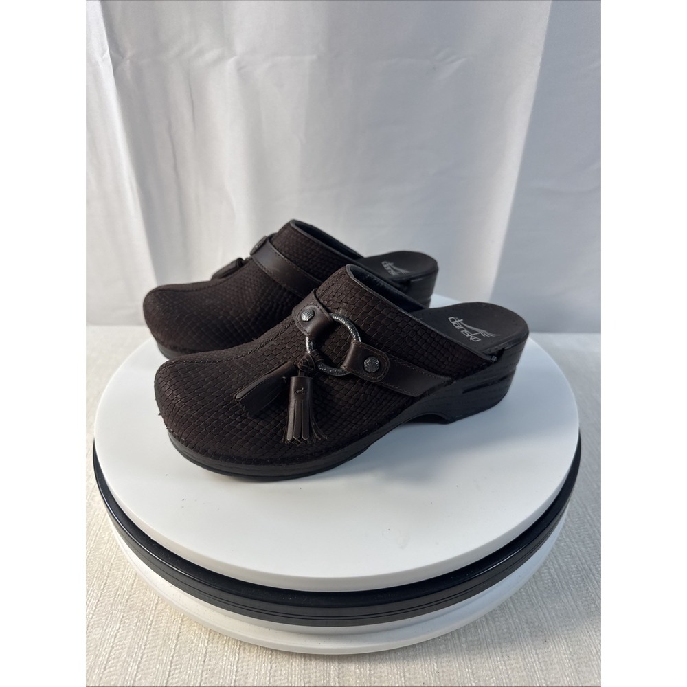 Dansko Shandi Clog Shoes Womens Sz 37 Brown Snakeskin Pattern  Tassel Slip On